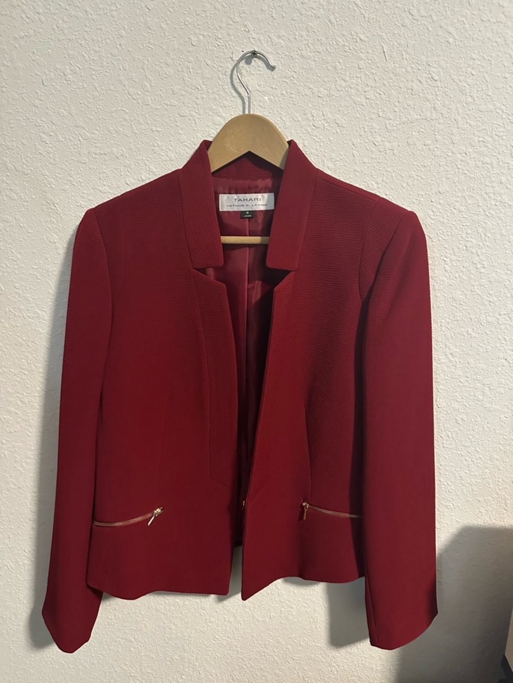 Tahari Women's Deep Red Open-Front Blazer with Gold Zippers